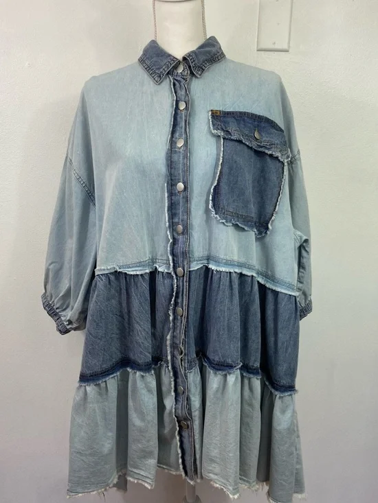 POL chambray Denim Babydoll Mini Dress Sz Medium Tiered Colorblock Overs - Picture 3 of 13